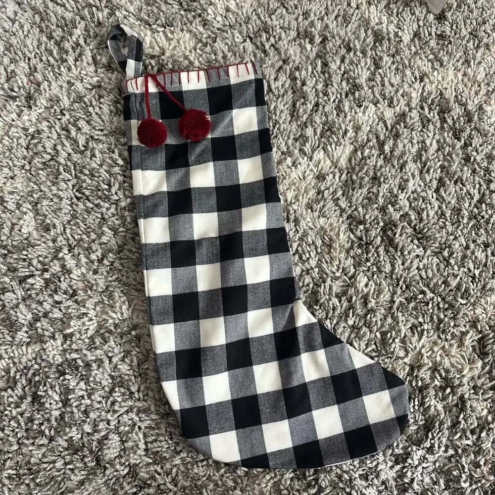 Magaschoni Home Black White Buffalo Plaid Gingham Check Christmas Stocking Pom